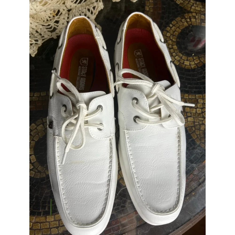 Stacy Adams White Leather Boat Shoes Redzone Collection Men’s 8.5 Preppy Prep